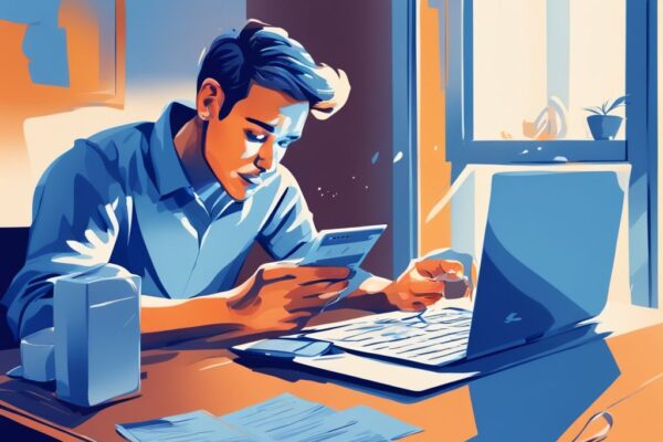 Digitale Illustration einer erleichterten Person, die online ihren Kontoauszug überprüft, nachdem der Kredit wurde ausgezahlt wann auf Konto.