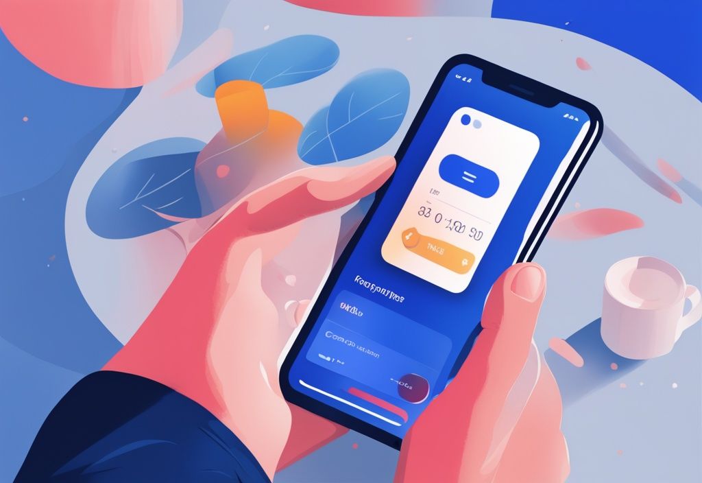 Junge Person nutzt Revolut App auf Smartphone, Bildschirm zeigt Revolut Kredit Voraussetzungen, modernes digitales Gemälde in Blau.