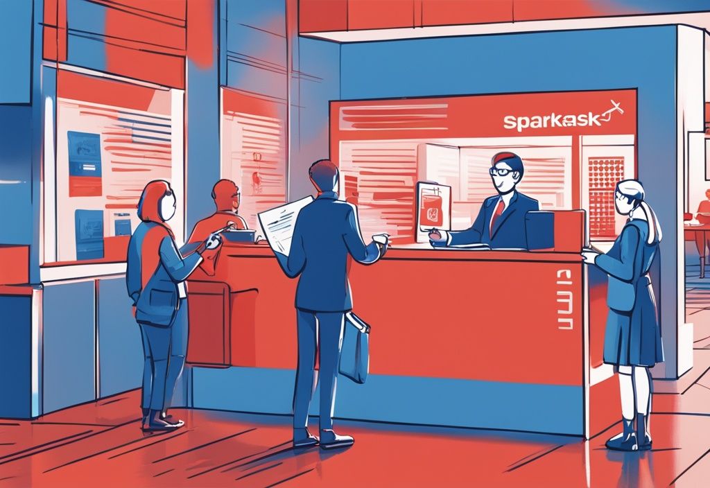 Digitale Illustration: Person übergibt Dokumente (Pass, Einkommensnachweis, Kreditantrag) an Bankmitarbeiter in einer Sparkasse-Filiale