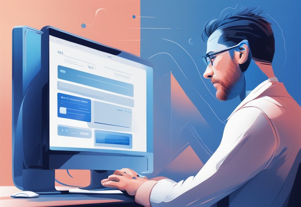 Moderne digitale Illustration eines nervösen Menschen, der auf den Fortschrittsbalken der Targobank Online-Kreditbearbeitung auf seinem Computerbildschirm schaut, Hauptfarbe Blau.