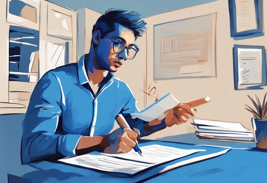 Moderne digitale Illustration in Blau, stressfreie Person hält unterzeichneten Kreditvertrag ohne Bankunterlagen.