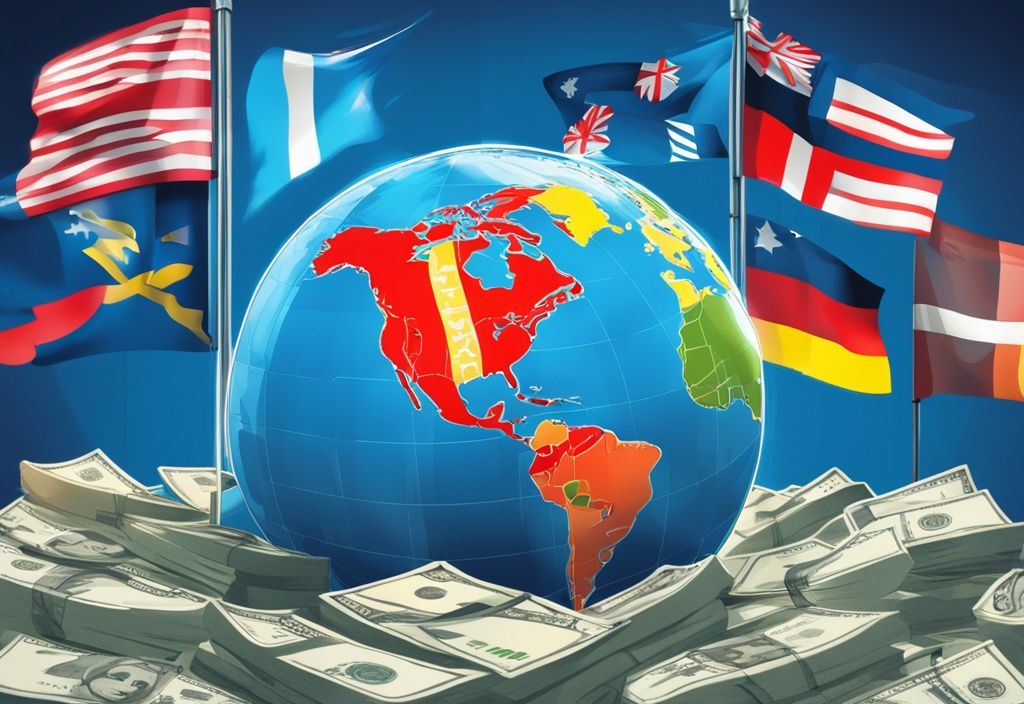 Moderne digitale Illustration in Blau mit Globus und verschiedenen Länderflaggen, umgeben von Währungen und Bannertext „Express Credit!“