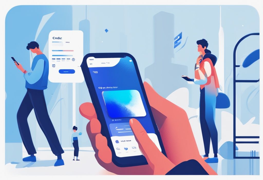 Moderne digitale Illustration in Blau, Person betrachtet Revolut-App auf Smartphone, Fokus auf Kreditvoraussetzungen