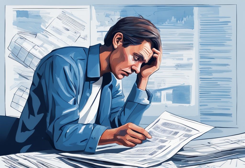 Moderne digitale Illustration eines besorgten Menschen, der eine detaillierte Aufschlüsselung eines 20000-Euro-Darlehens mit hervorgehobenen Zinssätzen prüft, Hauptfarbthema Blau.