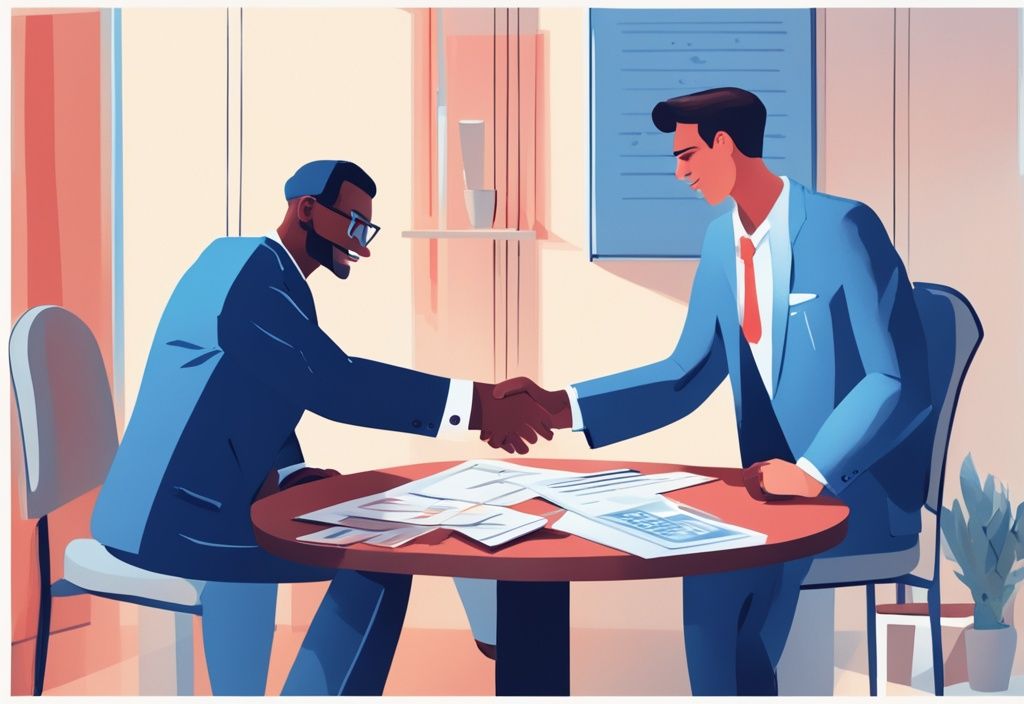 Moderne digitale Illustration in Blau: Zufriedene Person schüttelt Hände mit einem Banker, während ein Dokument mit dem Titel 'Restschuldversicherung' und einem 'Bezahlt' Stempel auf dem Tisch liegt.