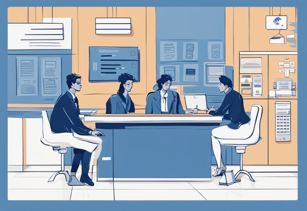 Modernes digitales Gemälde, zwei Personen am Bankschalter, Bankmitarbeiter erklärt Details, Kunde hört aufmerksam zu, Flussdiagramm im Hintergrund zeigt, wie funktioniert ein Kredit.