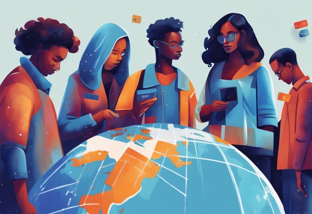 Moderne digitale Malerei mit blauem Farbschema, diverse Gruppe von Menschen untersucht internationale Kreditkarten um einen Globus.