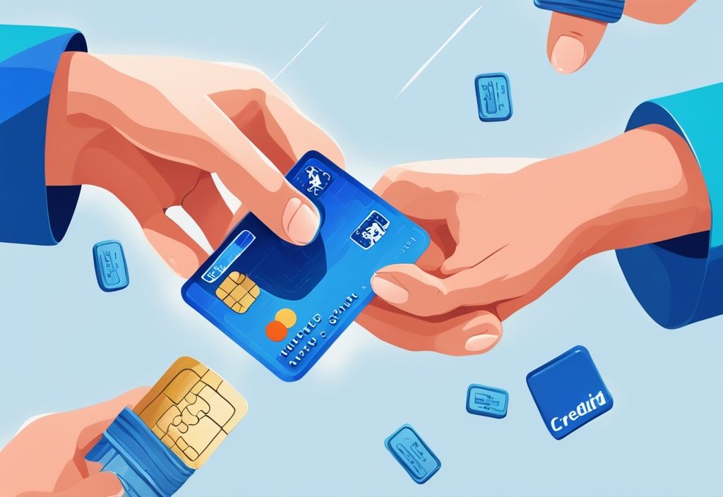 Moderne digitale Malerei, zwei Hände fügen Puzzleteile zusammen, die eine Kreditkarte und einen Bausparvertrag darstellen, Hauptfarbe Blau