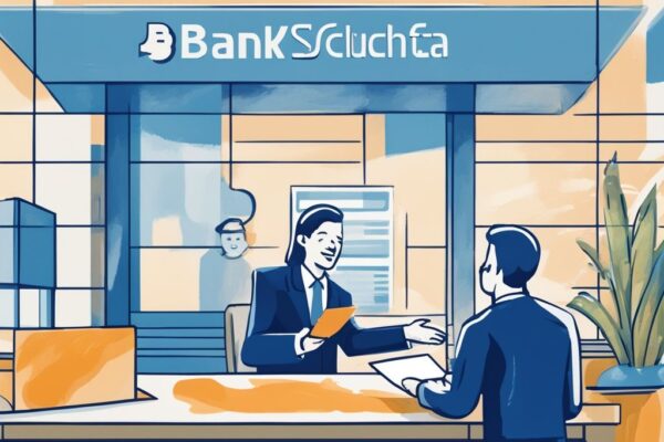 Welche Bank gibt Kredit trotz negativer Schufa? Finden Sie Antworten hier Moderne digitale Illustration in Blau: Eine erleichterte Person schüttelt die Hand eines Bankvertreters und unterschreibt einen Kreditvertrag; im Hintergrund ein Schild mit der Aufschrift "Unterstützung für Kunden mit negativer Schufa" - welche Bank gibt Kredit trotz negativer Schufa.