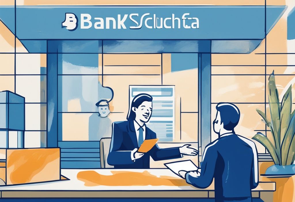Moderne digitale Illustration in Blau: Eine erleichterte Person schüttelt die Hand eines Bankvertreters und unterschreibt einen Kreditvertrag; im Hintergrund ein Schild mit der Aufschrift "Unterstützung für Kunden mit negativer Schufa" - welche Bank gibt Kredit trotz negativer Schufa.