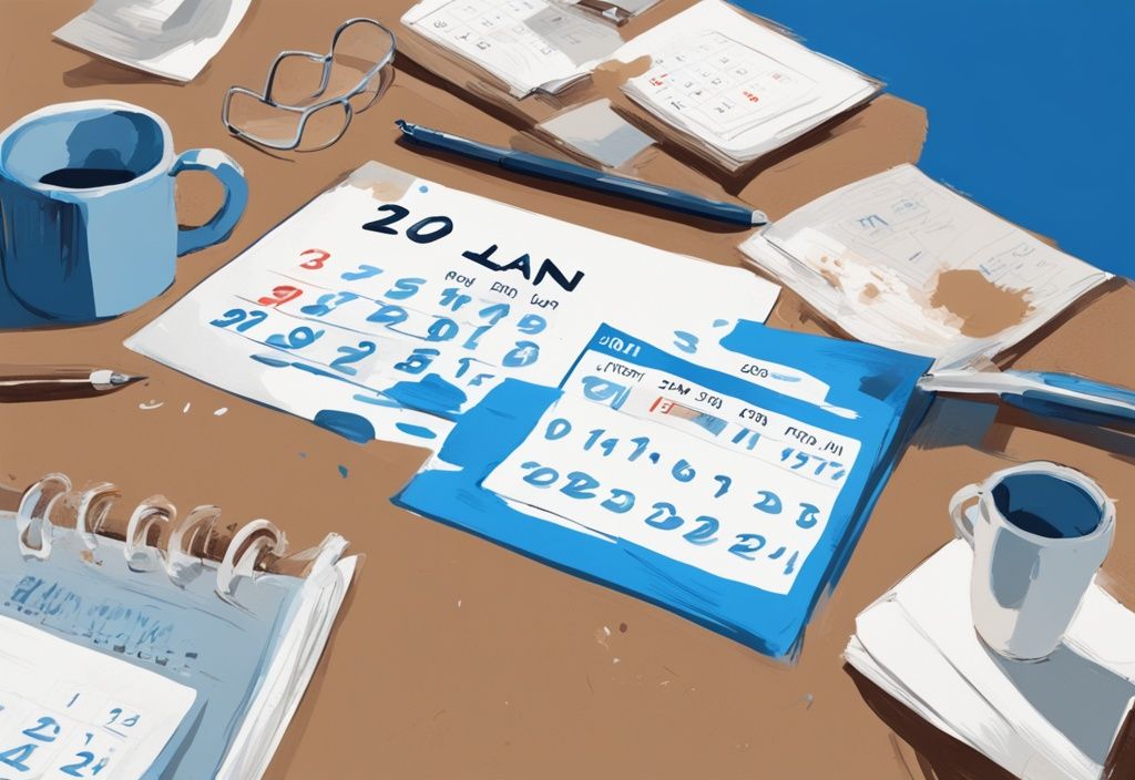 Moderne digitale Malerei mit blauem Farbthema, Kalender auf einem Tisch mit markierten Terminen für Krediterhöhungen, Hand mit Stift schwebt darüber, reflektiert die Überlegung eines weiteren Erhöhungstermins.
