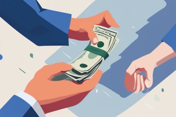 Moderne digitale Illustration mit Blau als Hauptfarbe, die eine Person zeigt, die Bargeld an eine andere Person übergibt, was bedeutet Kredit ablösen.