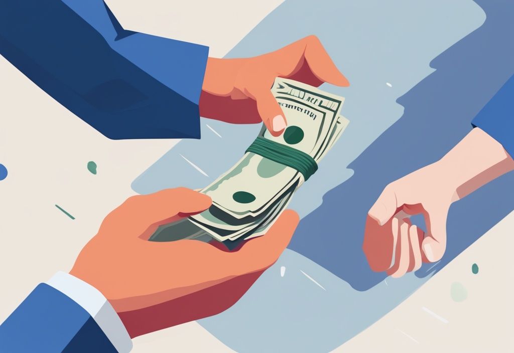 Moderne digitale Illustration mit Blau als Hauptfarbe, die eine Person zeigt, die Bargeld an eine andere Person übergibt, was bedeutet Kredit ablösen.