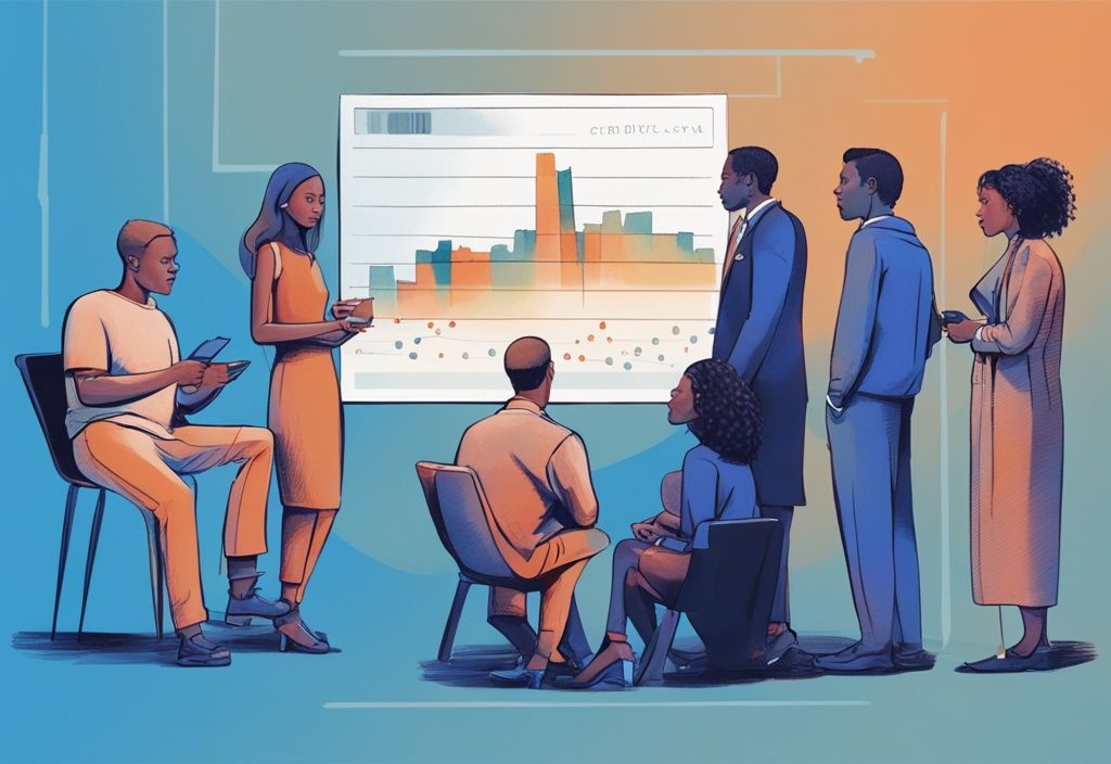 Moderne digitale Illustration in Blau, diverse Gruppe von Menschen betrachtet große Kreditkarte und Einkommensdiagramm.