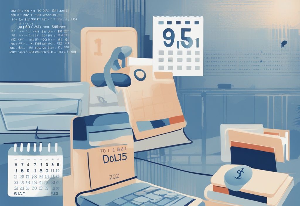 Moderne digitale Malerei, blauer Farbton, Kalender mit markierten Terminen, symbolisiert Zeitraum der Kreditrückzahlung, Dollarzeichen am letzten Datum