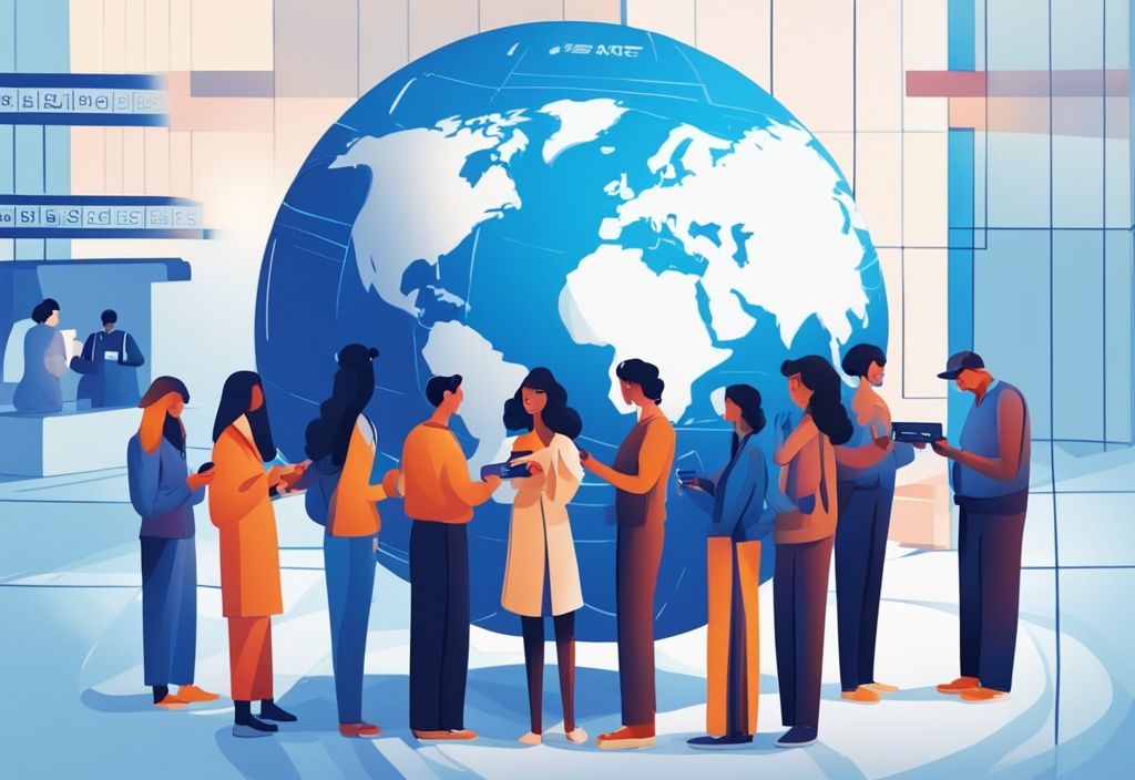 Moderne digitale Illustration, diverse Gruppe von Menschen, die um einen Globus stehen und internationale Kreditkarten untersuchen, Hauptfarbe Blau