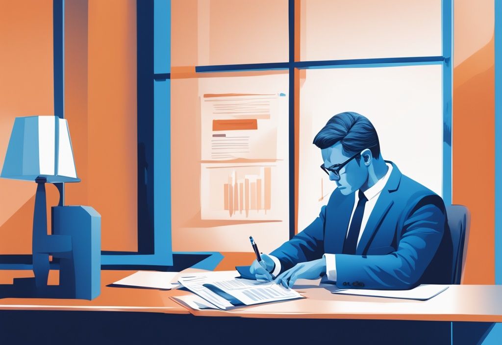 Moderne digitale Illustration eines Geschäftsmannes in einem Unternehmensumfeld, der ein Dokument liest, das einen GmbH-Kreditvertrag darstellt, mit einem Fragezeichen über seinem Kopf, das Haftungsbedenken symbolisiert, in blauer Farbgebung.
