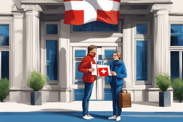 Fröhliches deutsches Paar mit Schweizer Flagge und Bankbroschüre vor einem Schweizer Bankgebäude, symbolisiert Schweizer Kredit für Deutsche.