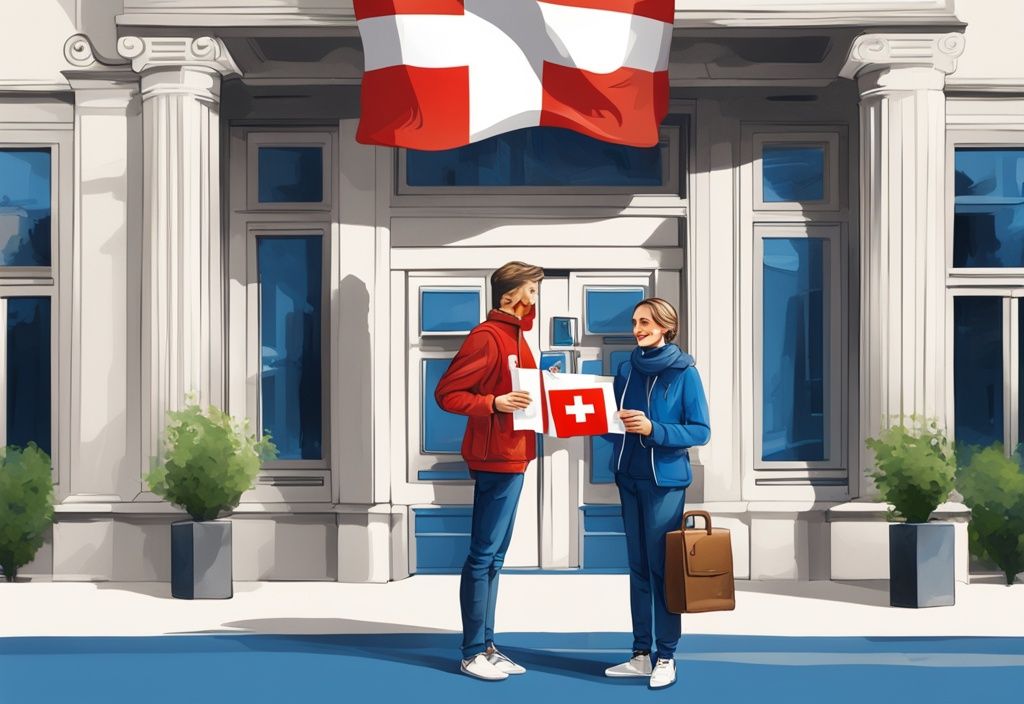 Fröhliches deutsches Paar mit Schweizer Flagge und Bankbroschüre vor einem Schweizer Bankgebäude, symbolisiert Schweizer Kredit für Deutsche.