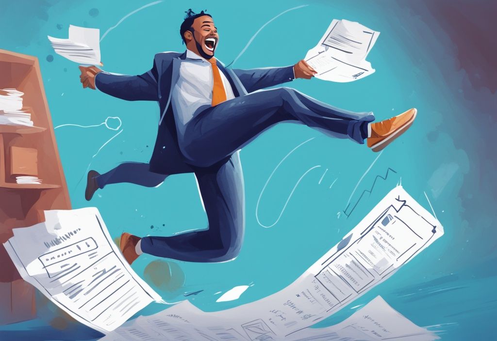 Moderne digitale Illustration in Blau: Ein Mann springt freudig in die Luft und hält ein Dokument mit der Aufschrift "Kredit genehmigt" über einer Zeitleiste des Antragsprozesses. Keyword: ab wann ist ein Kredit genehmigt.