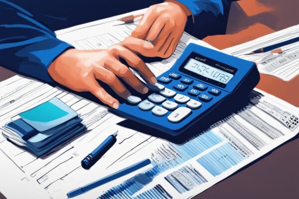 Wie viel Kredit kann ich mir leisten? Antworten und Hilfestellung hier! Moderne digitale Illustration einer nachdenklichen Person, die mit einem Taschenrechner und Finanzdokumenten ihre Kreditwürdigkeit überprüft, um herauszufinden: wie viel Kredit kann ich mir leisten.