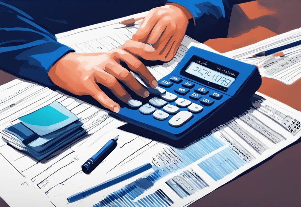 Moderne digitale Illustration einer nachdenklichen Person, die mit einem Taschenrechner und Finanzdokumenten ihre Kreditwürdigkeit überprüft, um herauszufinden: wie viel Kredit kann ich mir leisten.