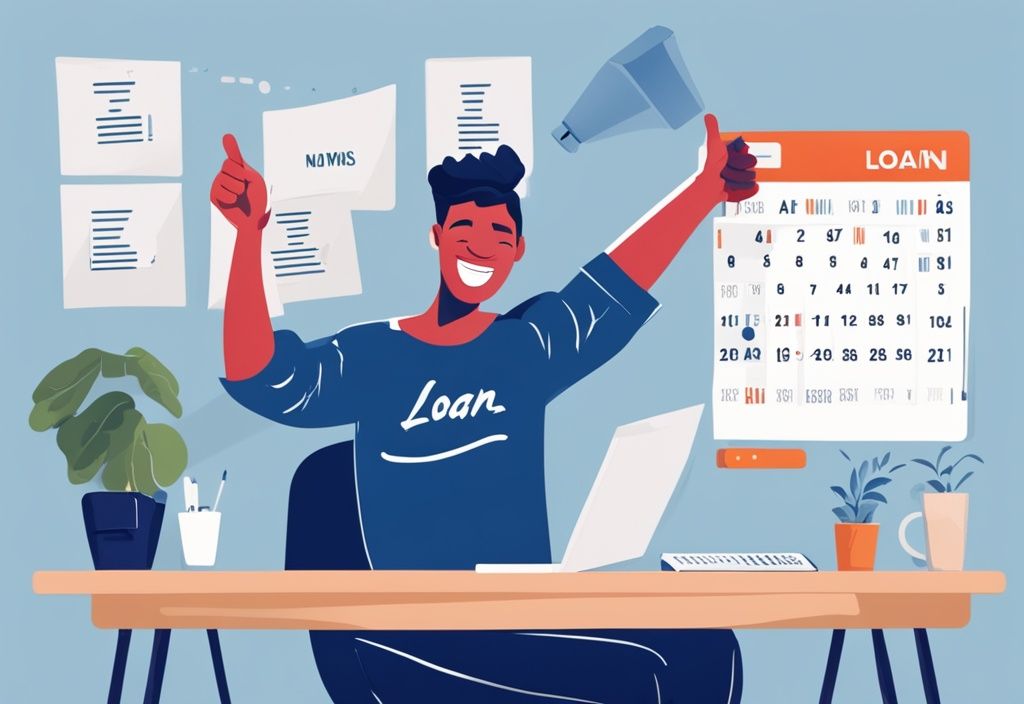 Moderne digitale Illustration in Blau, Person feiert mit "Kredit genehmigt" Brief, Kalender mit Genehmigungsdatum im Hintergrund