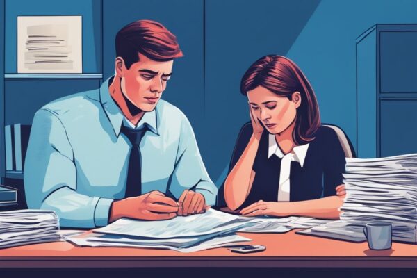 Wer Zahlt Kredit bei Todesfall? – Finden Sie Antworten und Lösungen! Modernes digitales Gemälde einer besorgten Paar, das mit einem Finanzberater am Schreibtisch über den Prozess der Kreditrückzahlung im Todesfall spricht, wer zahlt Kredit bei Todesfall.