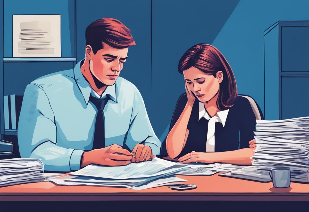 Modernes digitales Gemälde einer besorgten Paar, das mit einem Finanzberater am Schreibtisch über den Prozess der Kreditrückzahlung im Todesfall spricht, wer zahlt Kredit bei Todesfall.