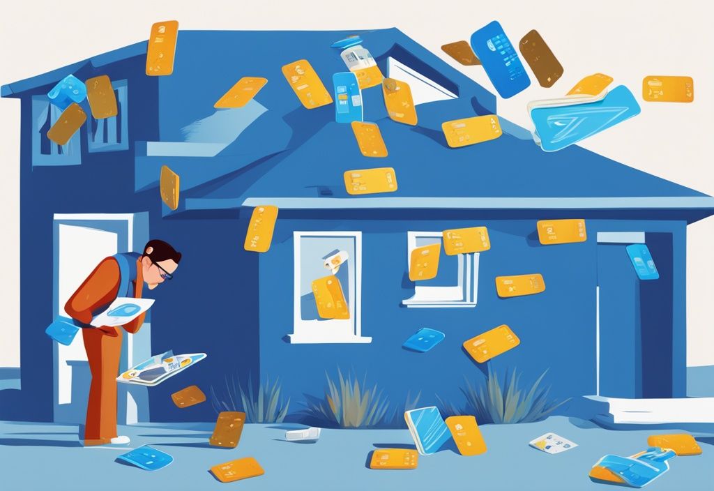 Moderner digitaler Gemäldeillustration eines perplexen Individuums, das zahlreiche schwebende Kreditkarten vor seinem Haus untersucht, symbolisiert wie viel Kredit ohne Eigenkapital.