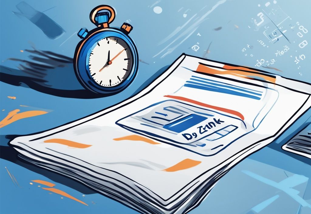 Digitale Illustration mit Stoppuhr und Postbank-Dokumenten, die den Auszahlungsprozess eines Postbank-Darlehens symbolisieren.