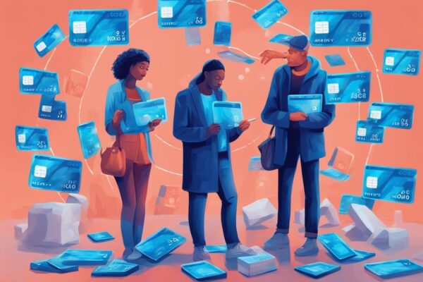 Alles über „Was bedeutet Eignung bei Kredit“: Ihr Expertenführer Moderne digitale Illustration in Blau: Diverse Personen betrachten nachdenklich große, transparente Kreditkarten mit Symbolen für Vermögen, Einkommen und Schulden. Keyword: was bedeutet Eignung bei Kredit