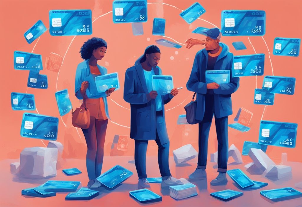 Moderne digitale Illustration in Blau: Diverse Personen betrachten nachdenklich große, transparente Kreditkarten mit Symbolen für Vermögen, Einkommen und Schulden. Keyword: was bedeutet Eignung bei Kredit