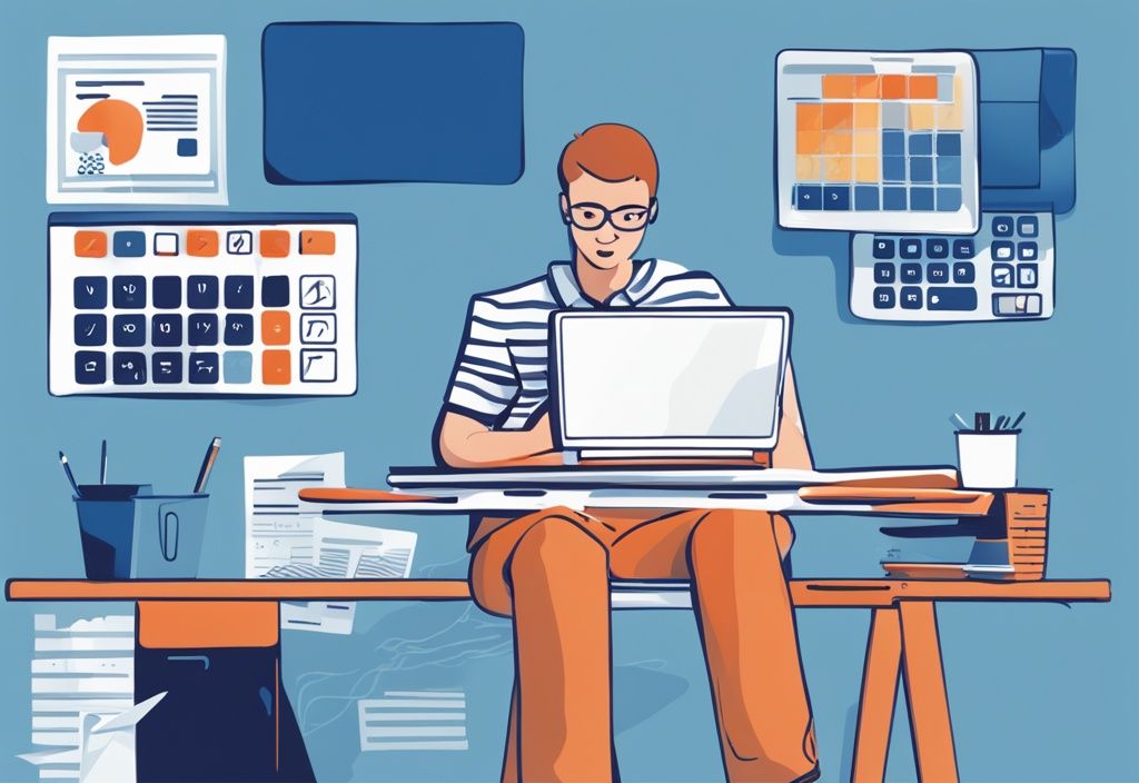Moderne digitale Illustration einer Person am Schreibtisch mit Taschenrechner, Unterlagen und Laptop, der eine Kreditberechnungs-Website zeigt, in Blautönen.