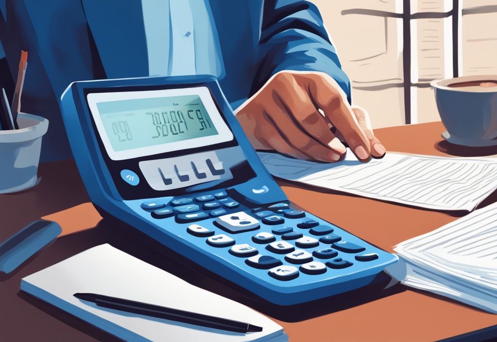 Moderne digitale Illustration einer nachdenklichen Person, die einen Taschenrechner und Finanzdokumente verwendet, um herauszufinden, wie viel Kredit kann ich mir leisten.