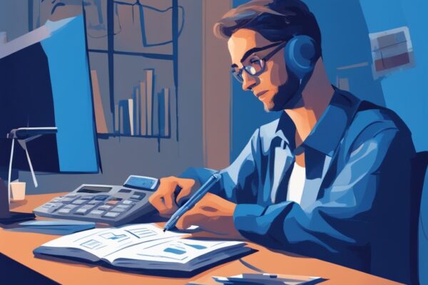 Einfacher Leitfaden: Wie berechnet man Zinsen Kredit in wenigen Schritten Moderne digitale Malerei einer Person am Schreibtisch mit Taschenrechner, Notizbuch und Stift, die Berechnungen mit Darlehensdokumenten durchführt, wie berechnet man Zinsen Kredit