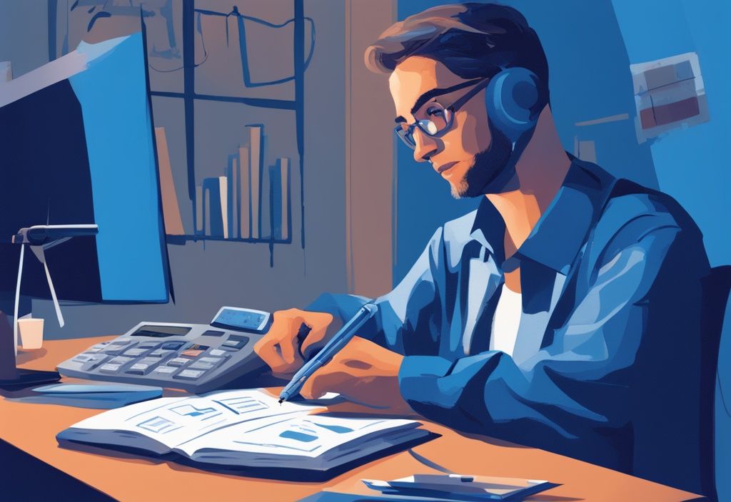 Moderne digitale Malerei einer Person am Schreibtisch mit Taschenrechner, Notizbuch und Stift, die Berechnungen mit Darlehensdokumenten durchführt, wie berechnet man Zinsen Kredit