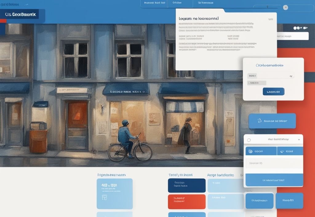 Moderne digitale Malerei mit blauem Farbschema, Screenshot des Postbank-Darlehensbereichs mit angemeldetem Benutzerkonto, hervorgehobener Darlehensdetails-Bereich