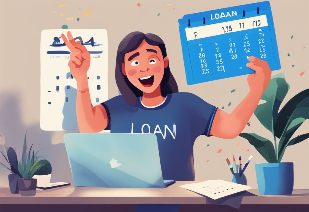 Moderne digitale Illustration in Blau: Person feiert mit "Darlehen genehmigt"-Brief, Kalender im Hintergrund zeigt Genehmigungsdatum.