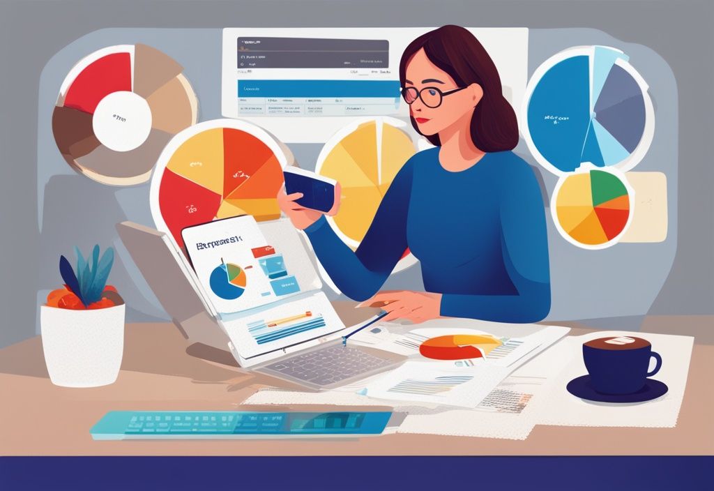 Moderne digitale Illustration einer Frau, die ein buntes Kreisdiagramm mit Beschriftungen wie "Hypothekenzinsen", "Steuervorteile" und "persönliche Nutzungskosten" auf ihrem Tablet studiert, mit einer warmen Tasse Kaffee auf ihrem Schreibtisch.