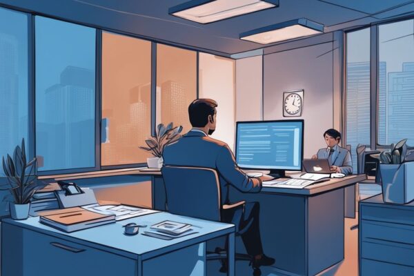 Wer gibt Kredit für Arbeitslose? Finanzielle Hilfen und Tipps entdecken Moderne digitale Illustration eines sicheren Büroumfelds, in dem ein mitfühlender Kreditgeber einem Arbeitslosen Kreditunterlagen überreicht, wer gibt Kredit für Arbeitslose, zeigt eine Atmosphäre der Erleichterung.