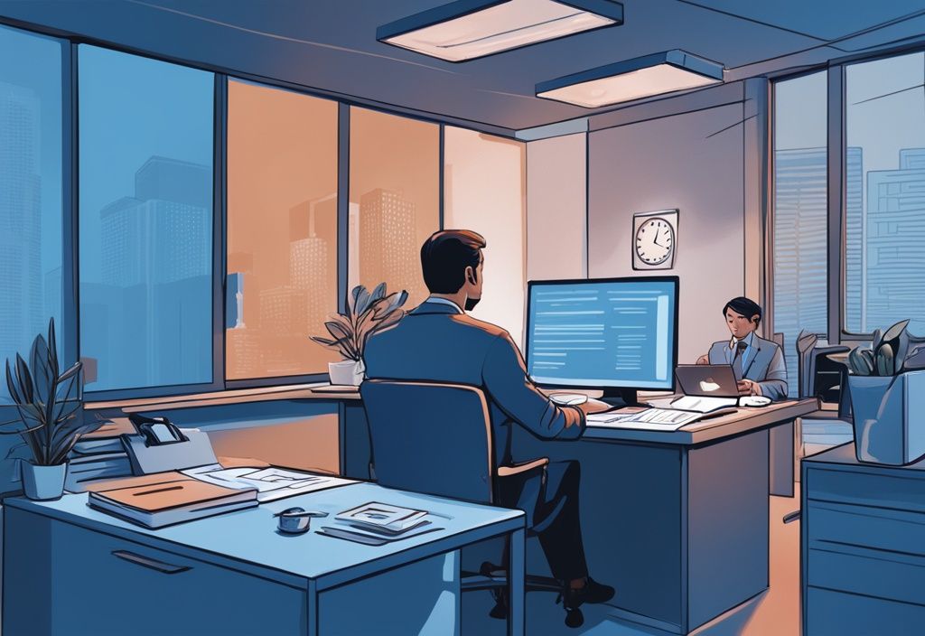 Moderne digitale Illustration eines sicheren Büroumfelds, in dem ein mitfühlender Kreditgeber einem Arbeitslosen Kreditunterlagen überreicht, wer gibt Kredit für Arbeitslose, zeigt eine Atmosphäre der Erleichterung.