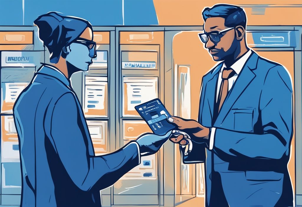 Moderner digitaler Gemäldeillustration eines Finanzinstitutsvertreters, der einer erleichterten, arbeitslosen Person eine Kreditkarte überreicht, Hauptfarbthema Blau.