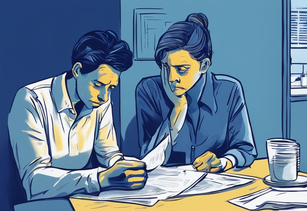 Modernes digitales Gemälde eines angespannten Paares, das an einem Tisch über Finanzdokumente diskutiert, mit einem frustrierten und einem gleichgültigen Partner, Hauptfarbthema Blau.