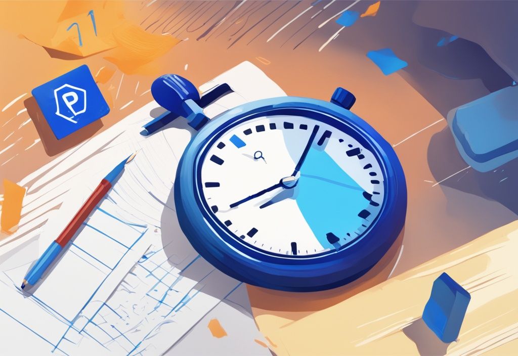 Moderne digitale Illustration einer Stoppuhr neben Postbank-Dokumenten, die den Ablauf und die Dauer der Postbank-Darlehensauszahlung symbolisieren, Hauptfarbe Blau.