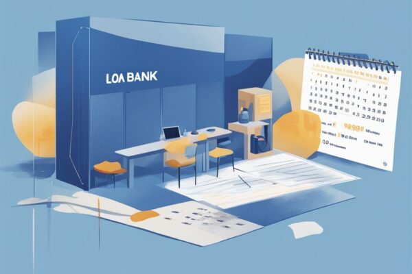 Postbank Kredit Auszahlung: Dauer und wichtige Infos zur Abwicklung Moderne digitale Illustration in Blau, die einen Kalender mit dem Zeitplan des Kreditprozesses bei der Postbank zeigt, mit besonderem Fokus auf die Auszahlungsphase; Postbank Kredit wie lange dauert die Auszahlung.