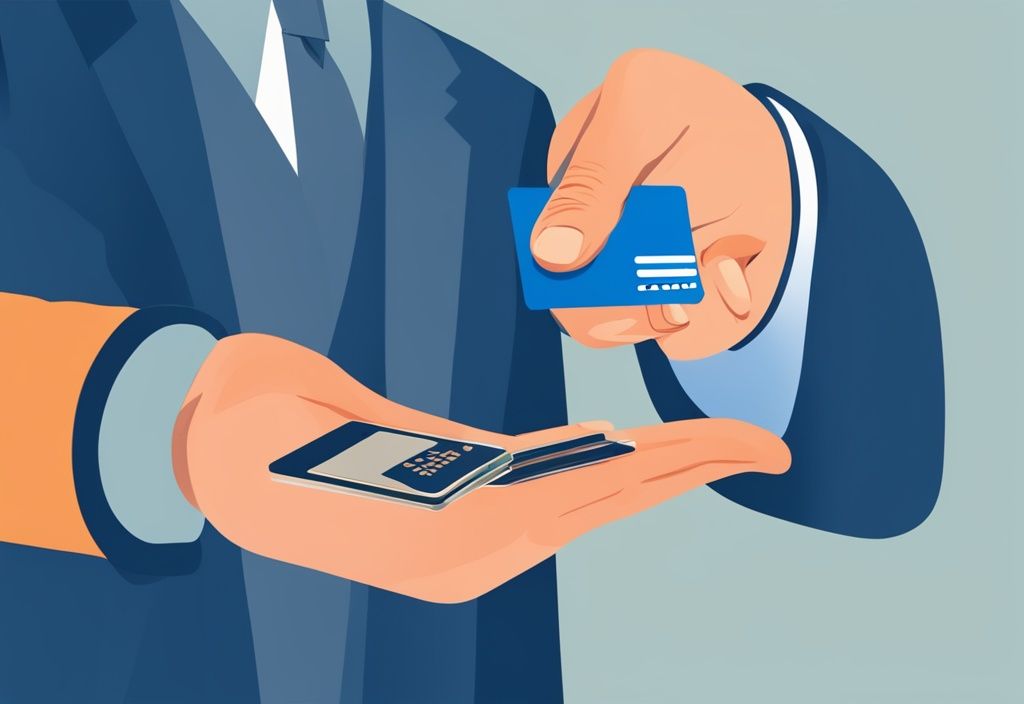 Moderne digitale Malerei eines Finanzinstitutsvertreters, der einem erleichterten, arbeitslosen Individuum eine Kreditkarte überreicht, Hauptfarbthema Blau.