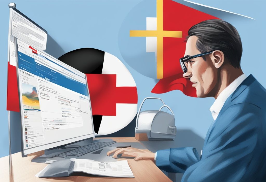 Moderner digitaler Gemäldeillustration eines Deutschen, der am Computer ein digitales Dokument mit dem Titel "Swiss Credit" und einem Schweizer Flaggensymbol überprüft und dabei Erleichterung und Zufriedenheit zeigt.