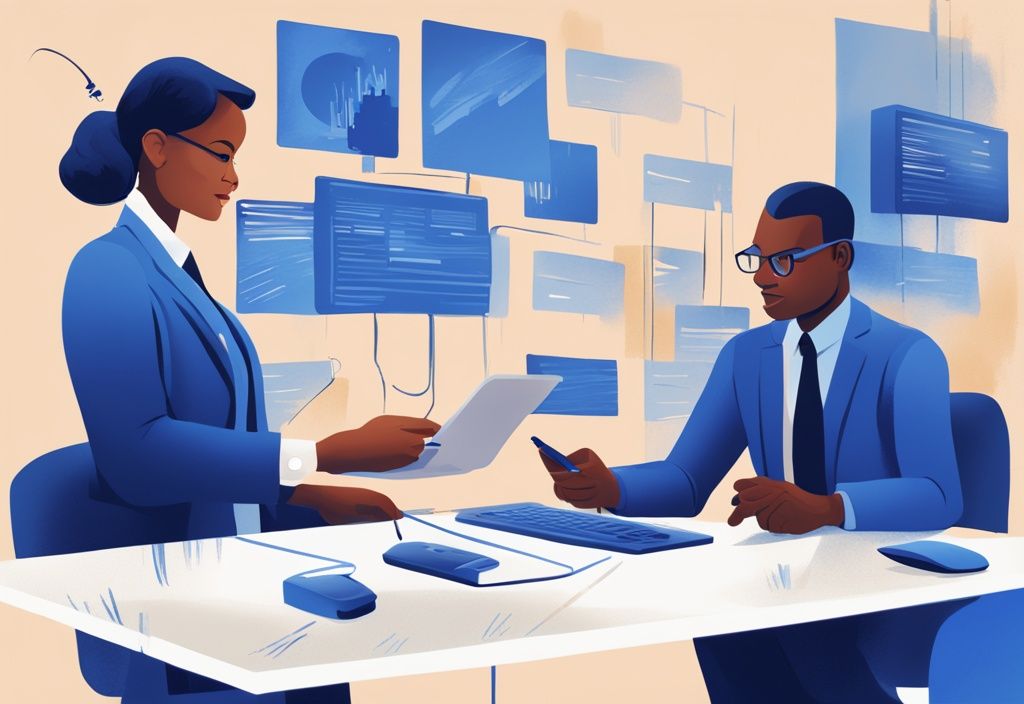 Moderner digitaler Gemäldeillustration eines Bankberaters, der die Finanzinformationen eines Kunden auf einem Computer überprüft, zur Veranschaulichung der Eignung bei Kreditentscheidungen, mit blauem Farbthema.