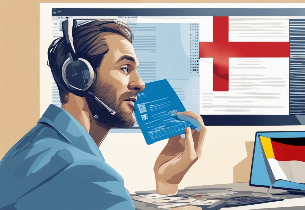 Moderne digitale Illustration eines Deutschen, der am Computer ein Dokument mit dem Titel "Swiss Credit" und einer Schweizer Flagge überprüft, mit einem Ausdruck der Erleichterung und Zufriedenheit.